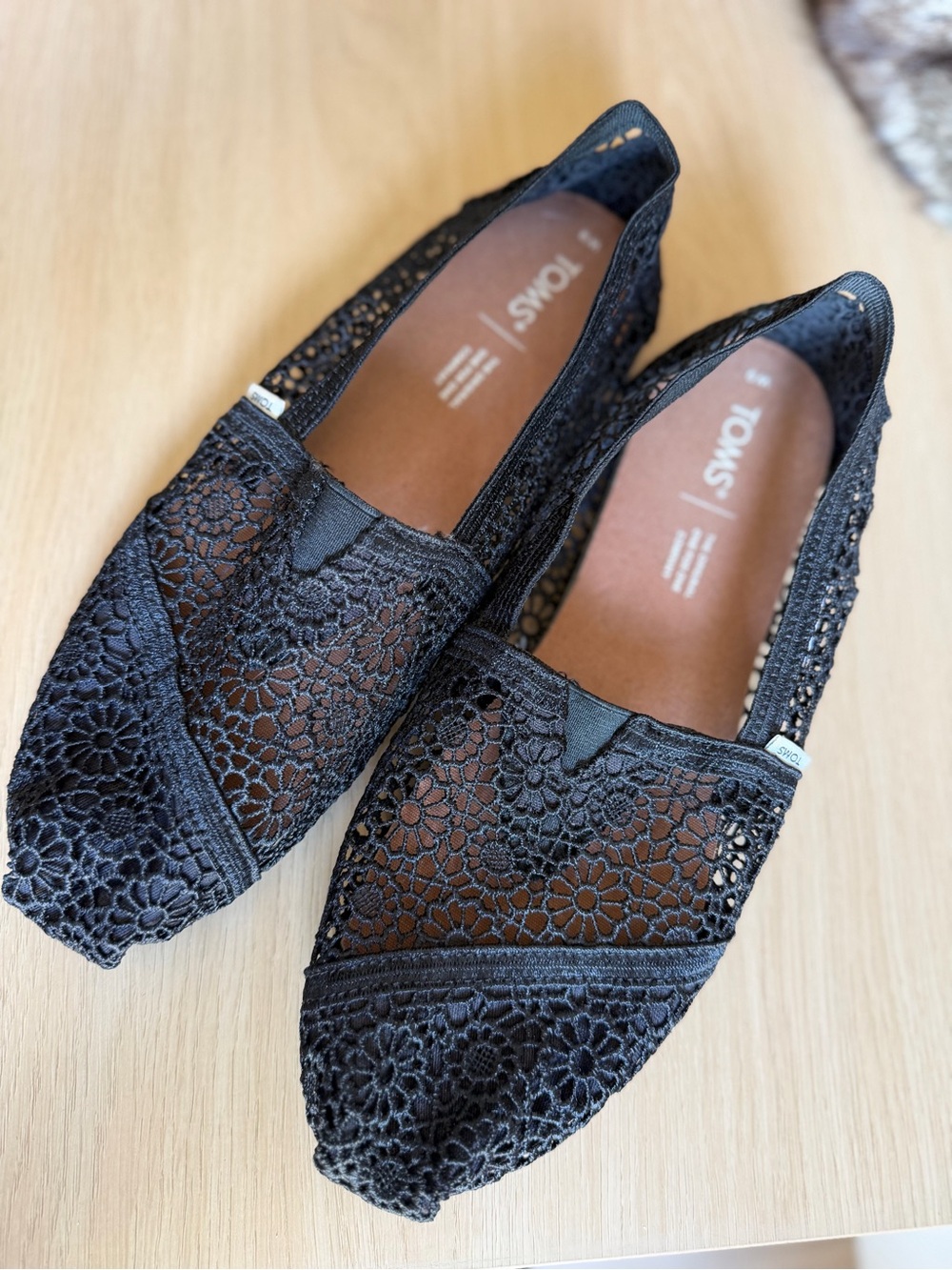 TOMS Black Crochet Floral Slip-On Flats